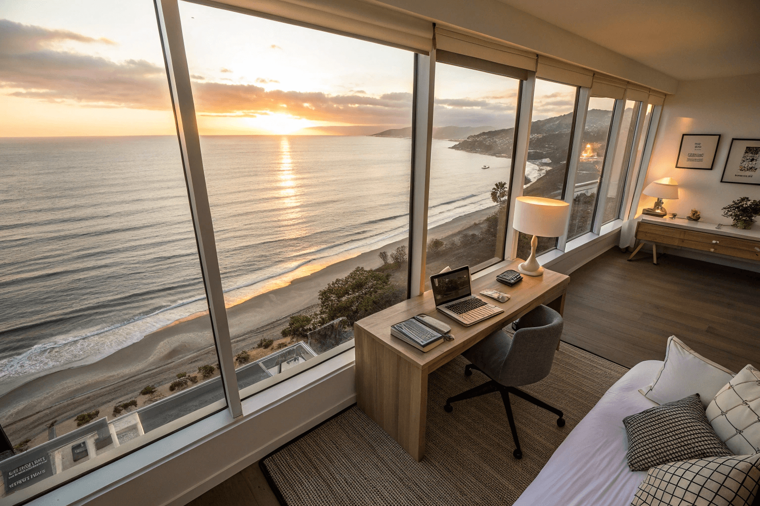 High angle looking down from sleeping loft, showing work desk below, floor-to-ceiling windows and soft sunset hues
