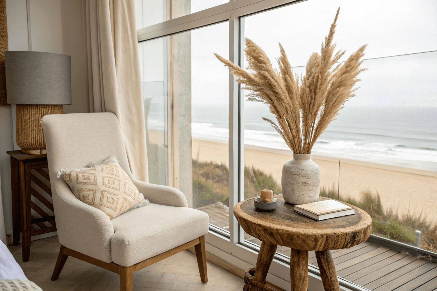 a soft linen lounge chair, driftwood side table, pampas grass in ceramic vase, with the beach faintly visible through floor-to-ceiling windows