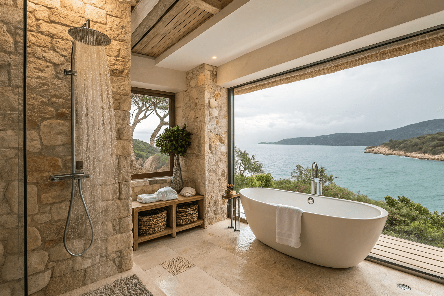Bathroom shot featuring rainfall shower, soaking tub near a window, natural stone textures and luxury spa products.