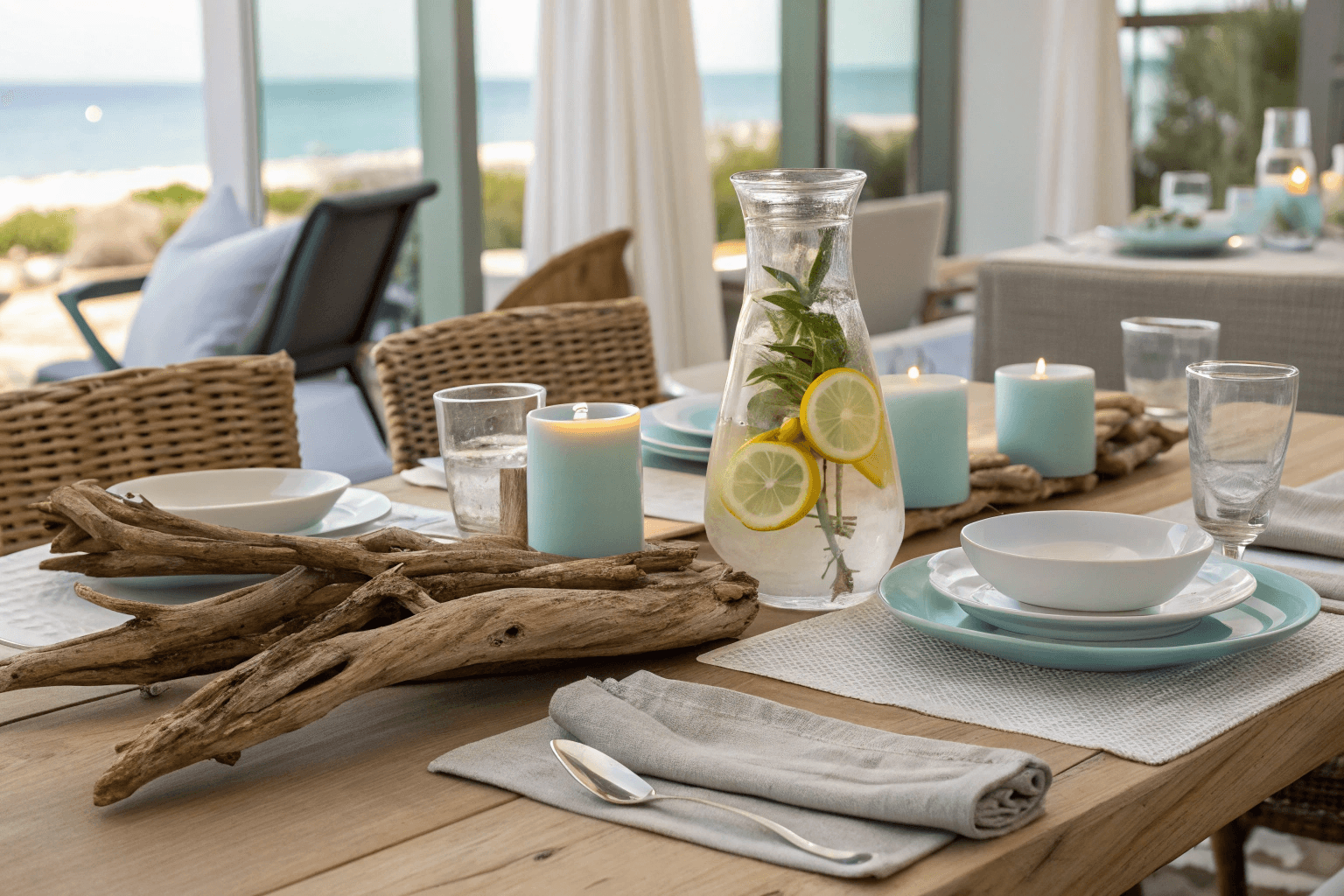 the dining table, including ceramic dinnerware, a carafe of water with lemon, and linen napkins