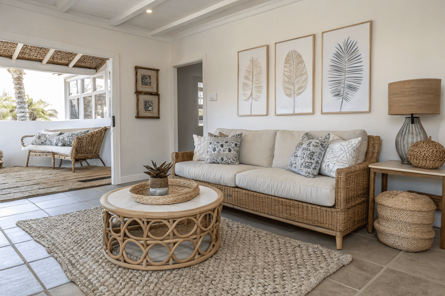 Living area composition, mid-century modern sofa, light wooden coffee table, woven textures, and curated coastal decor.