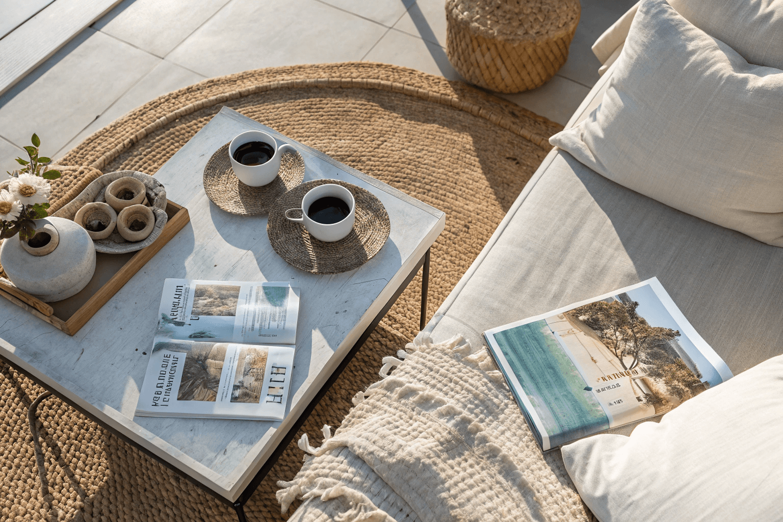 Top-down flat lay of small decor vignette, including coastal magazines on a coffee table, ceramic cups, linen throw on sofa, and part of a jute rug.