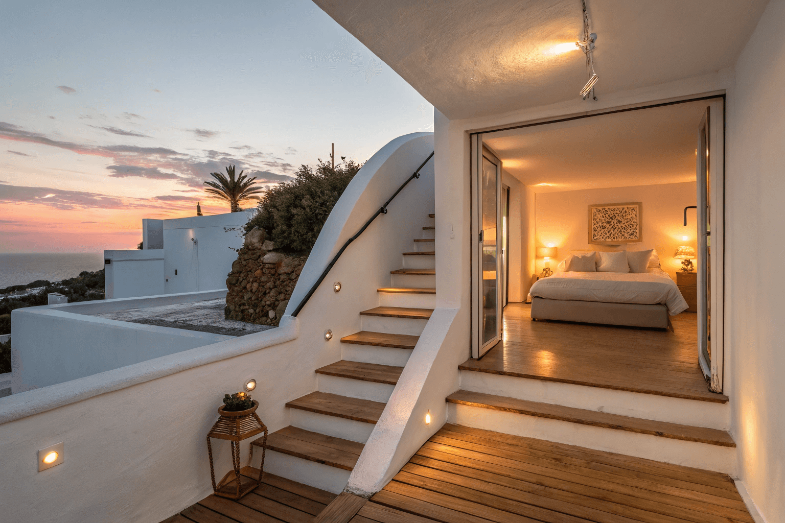 the elevated sleeping area with warm bedding, soft lighting, minimalist stairs, and smooth wood finishes.