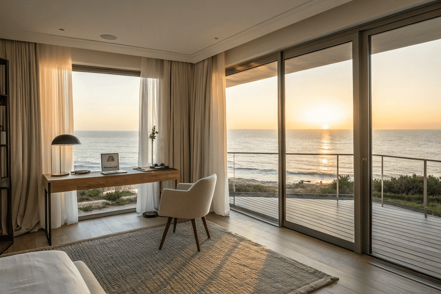 Straight-on view of panoramic windows, with a sleek writing desk positioned in front.