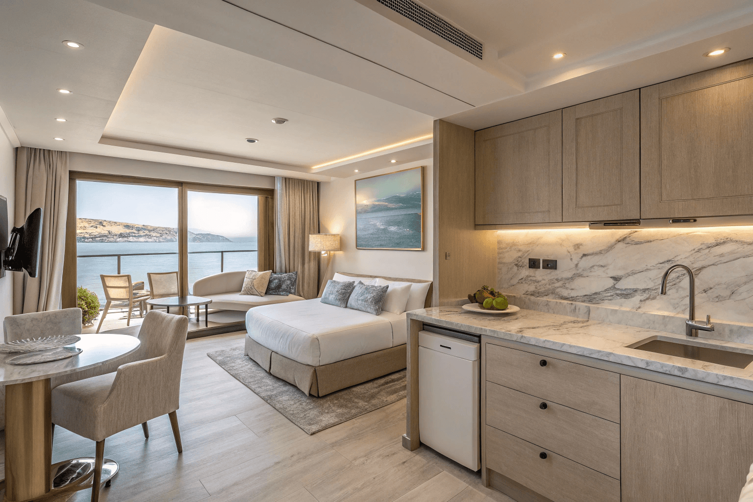 Corner shot from the kitchenette, capturing the compact dining area, sofa, and bed area in one flowing layout.