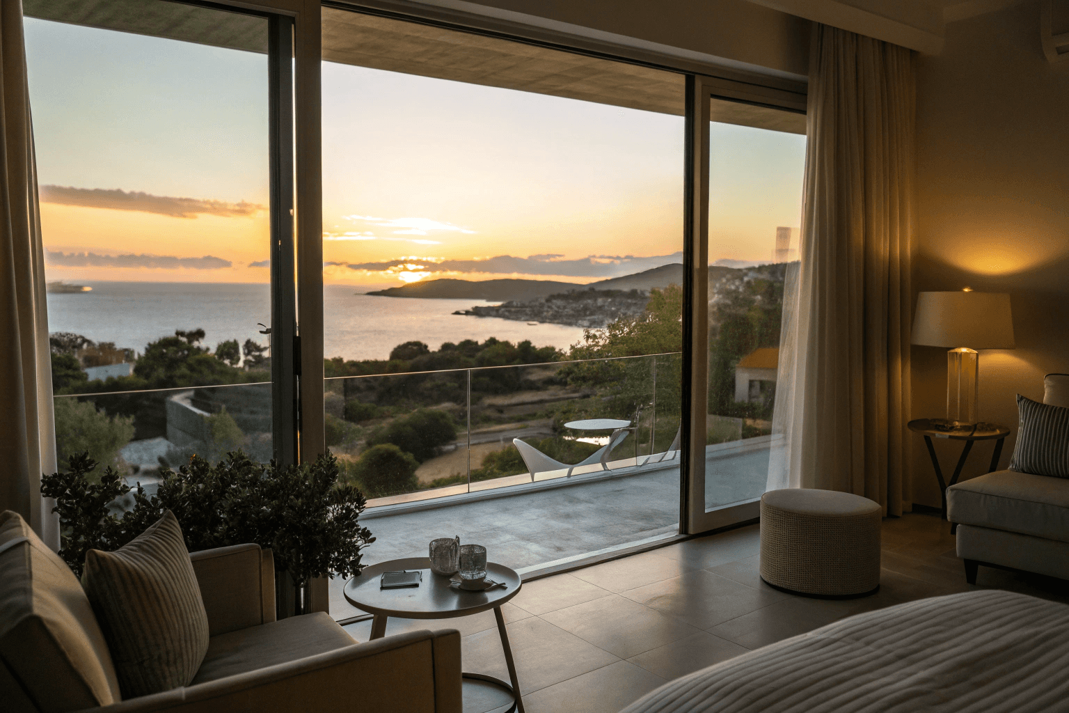 Evening mood lighting, with the balcony doors open, glowing bedside lamps, sunset light streaming in.