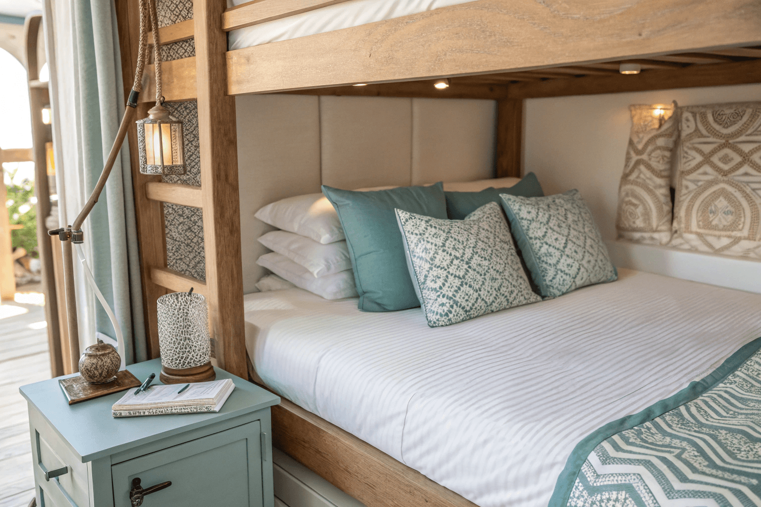 Loft bed close-up, cozy with layered pillows, sketchpad and headphones resting on the nightstand.