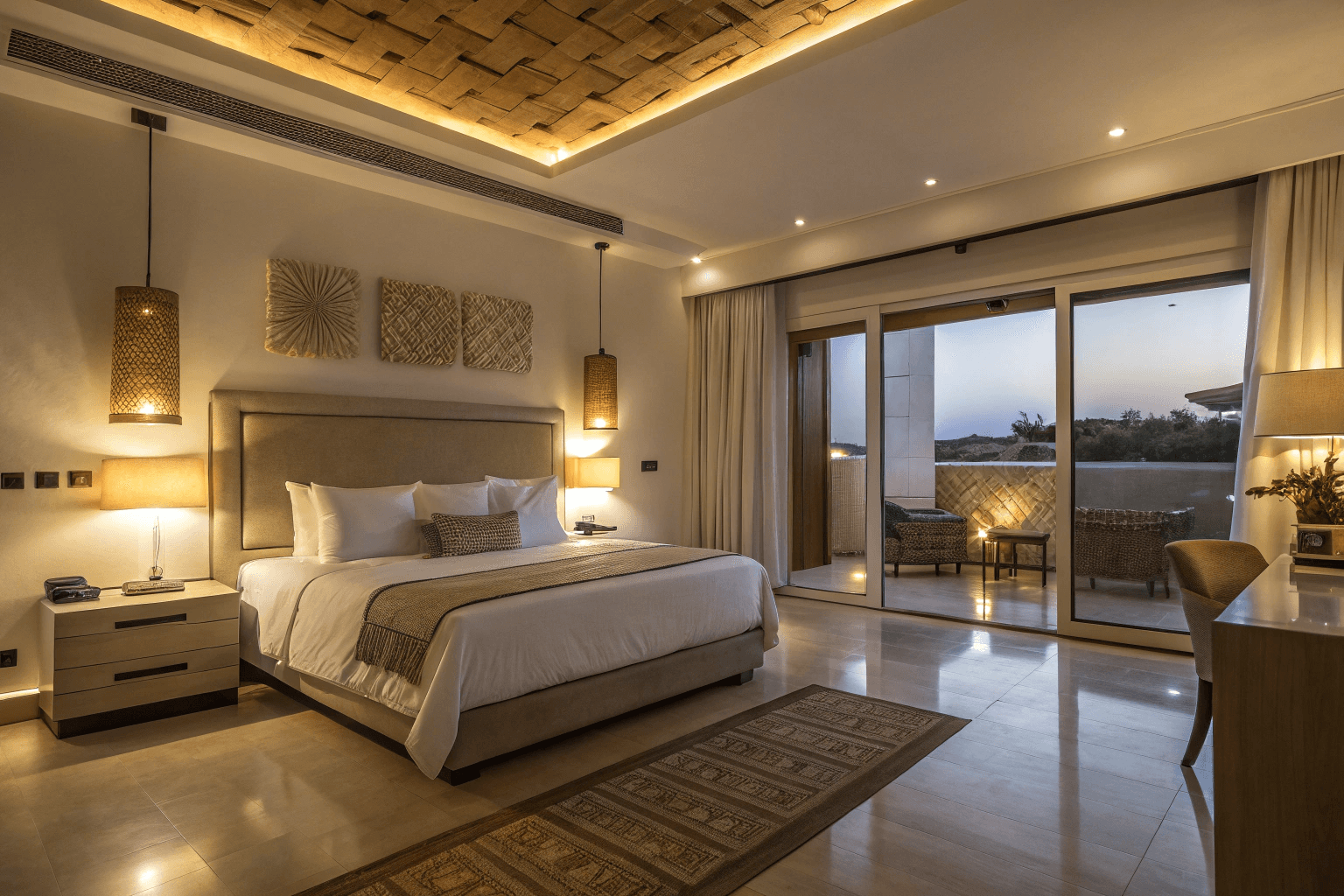 Evening shot with ambient lighting, soft uplighting from behind the bed platform